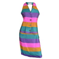 Paco Rabanne Vintage Backless Chain Rainbow Silk Two Piece Skirt Suit, anni '90