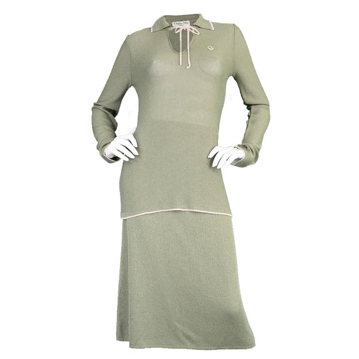 Vintage 1970s Christian Dior Green Knit Skirt Suit with Embroidered Logo For Sale