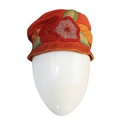 Antique 1920s Peach & Coral Silk Floral Applique Flapper Cloche Hat