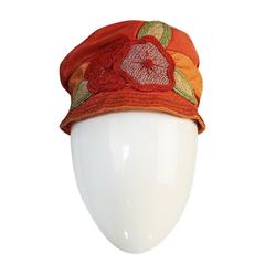 1920s Peach & Coral Silk Floral Applique Flapper Cloche Hat