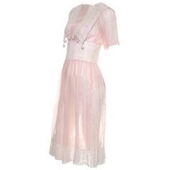 1930s Vintage Dress Cotton Voile Crochet Lace Pink Tone on Tone Stripes 8