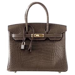 HERMES BIRKIN 30 Gris Elephant Matte Alligator Gold Hardware 