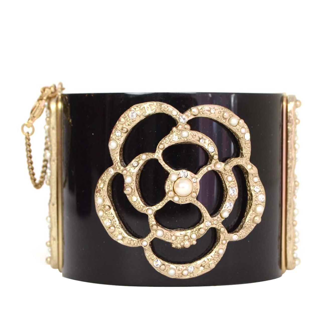 Chanel Black Resin & Textured Gold Camelia Cuff Bracelet