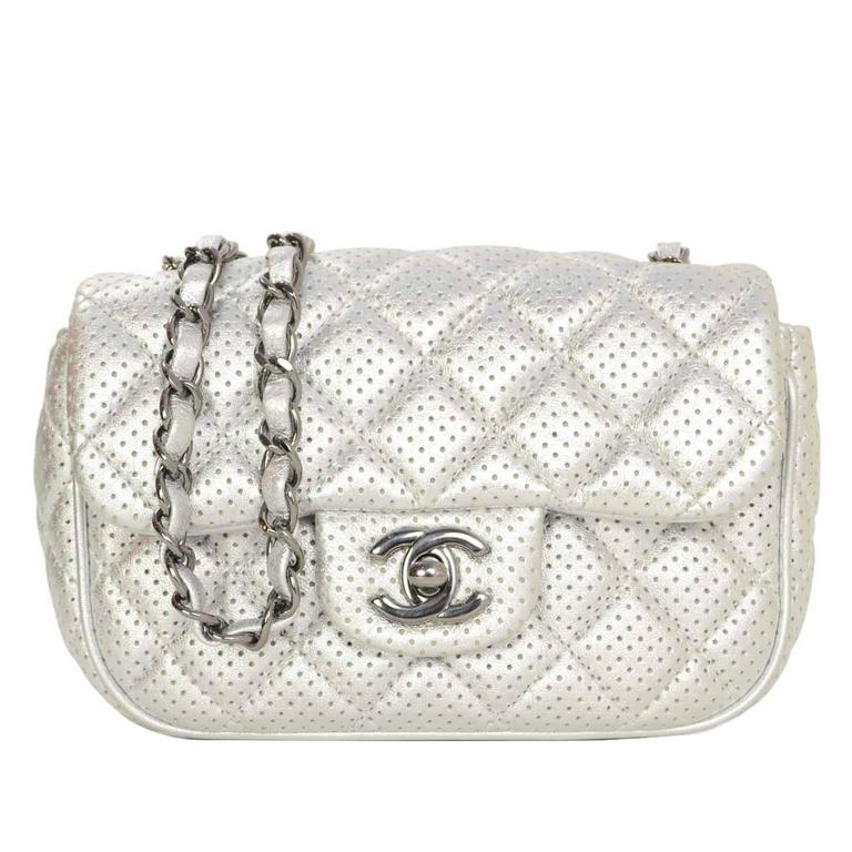 Chanel Silver Metallic Perforated Mini Flap Bag For Sale at
