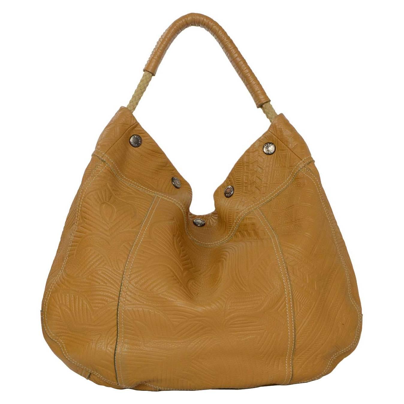 Prada Tan Embossed Leather Hobo Shoulder Bag GHW For Sale at 1stdibs