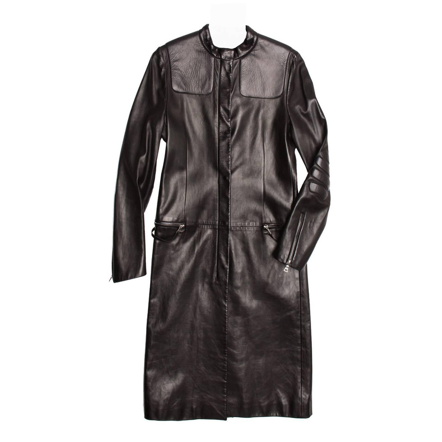 Prada Black Leather Racer Coat For Sale