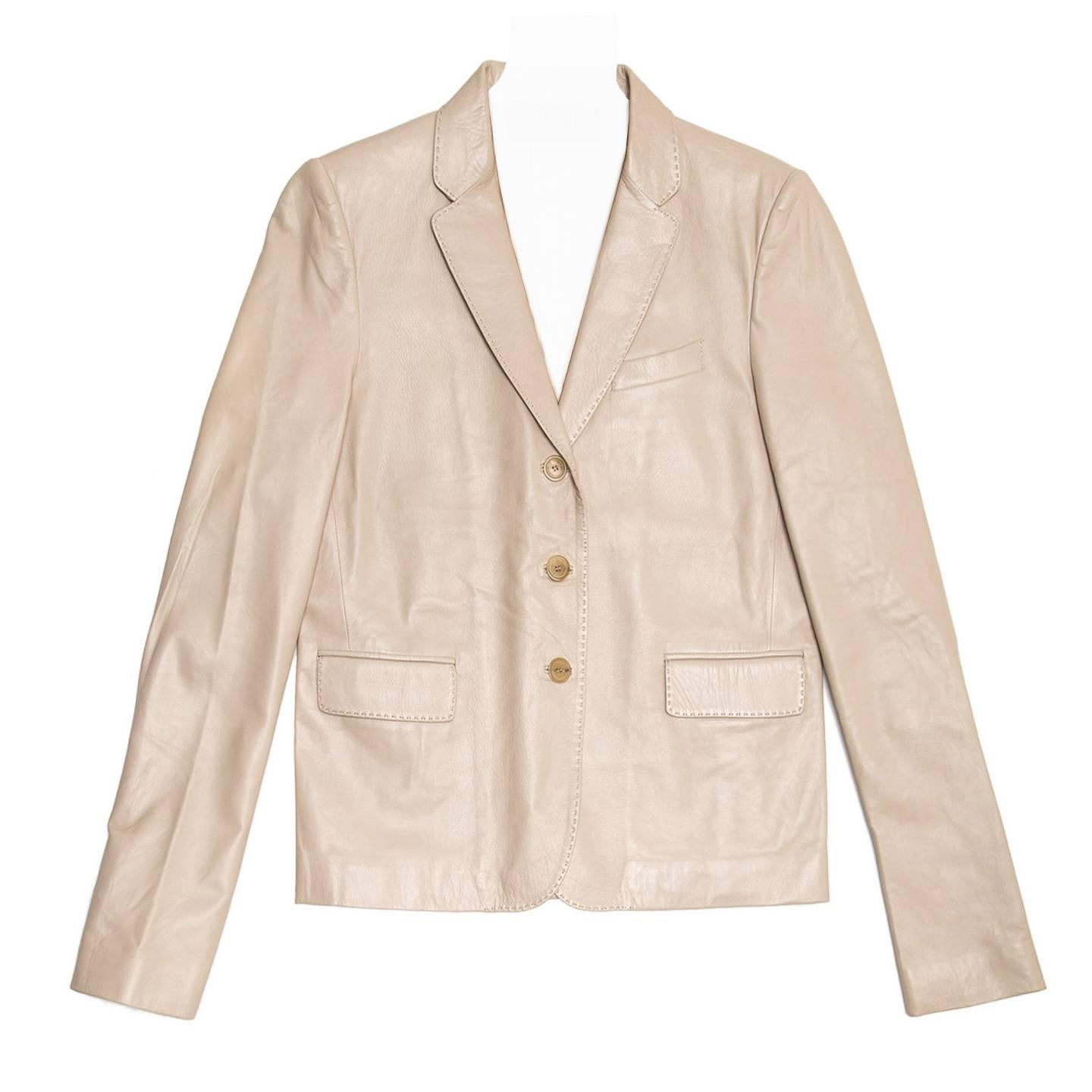 Gucci Khaki Leather Boxy Jacket For Sale