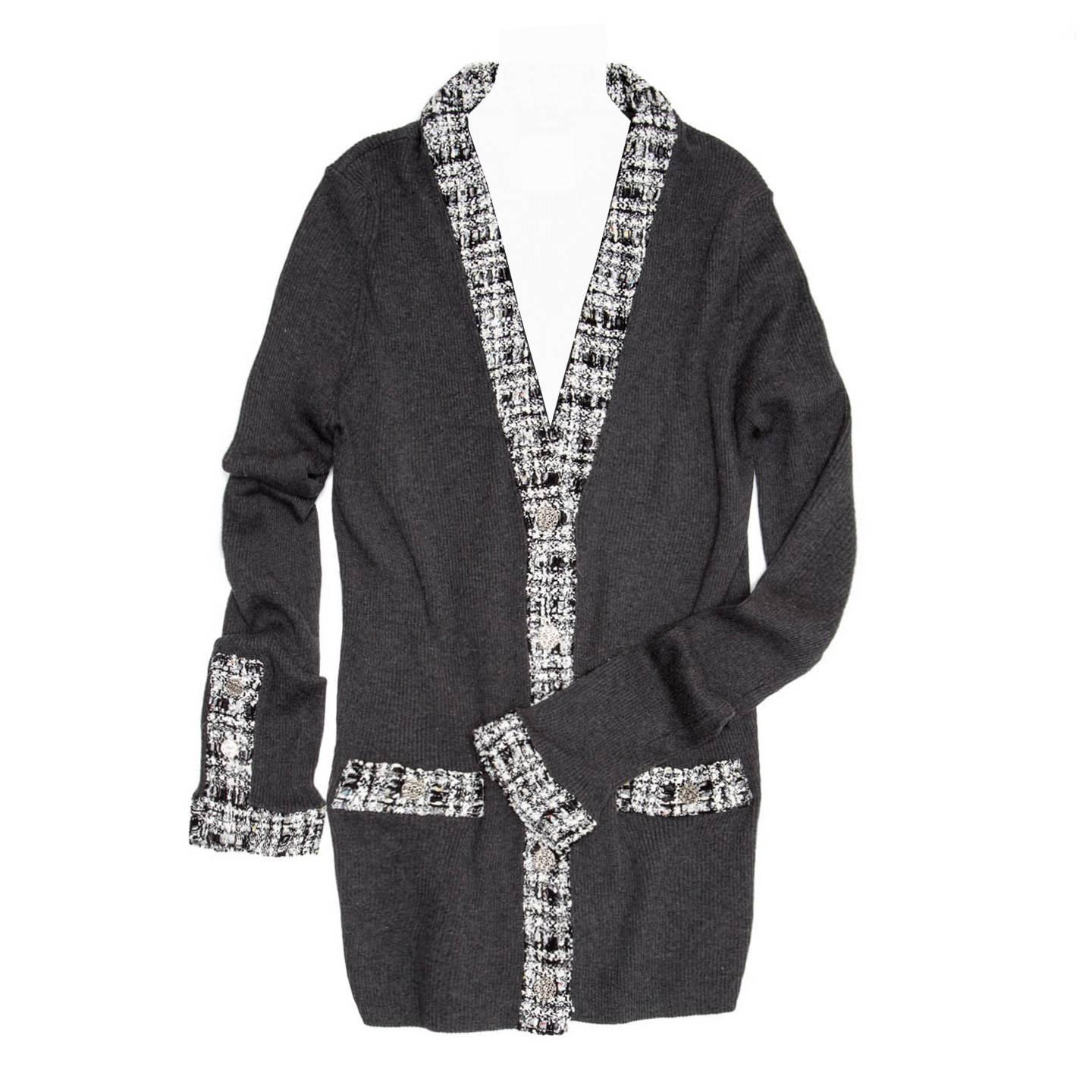 Chanel Grey Cotton and Tweed Long Cardigan For Sale