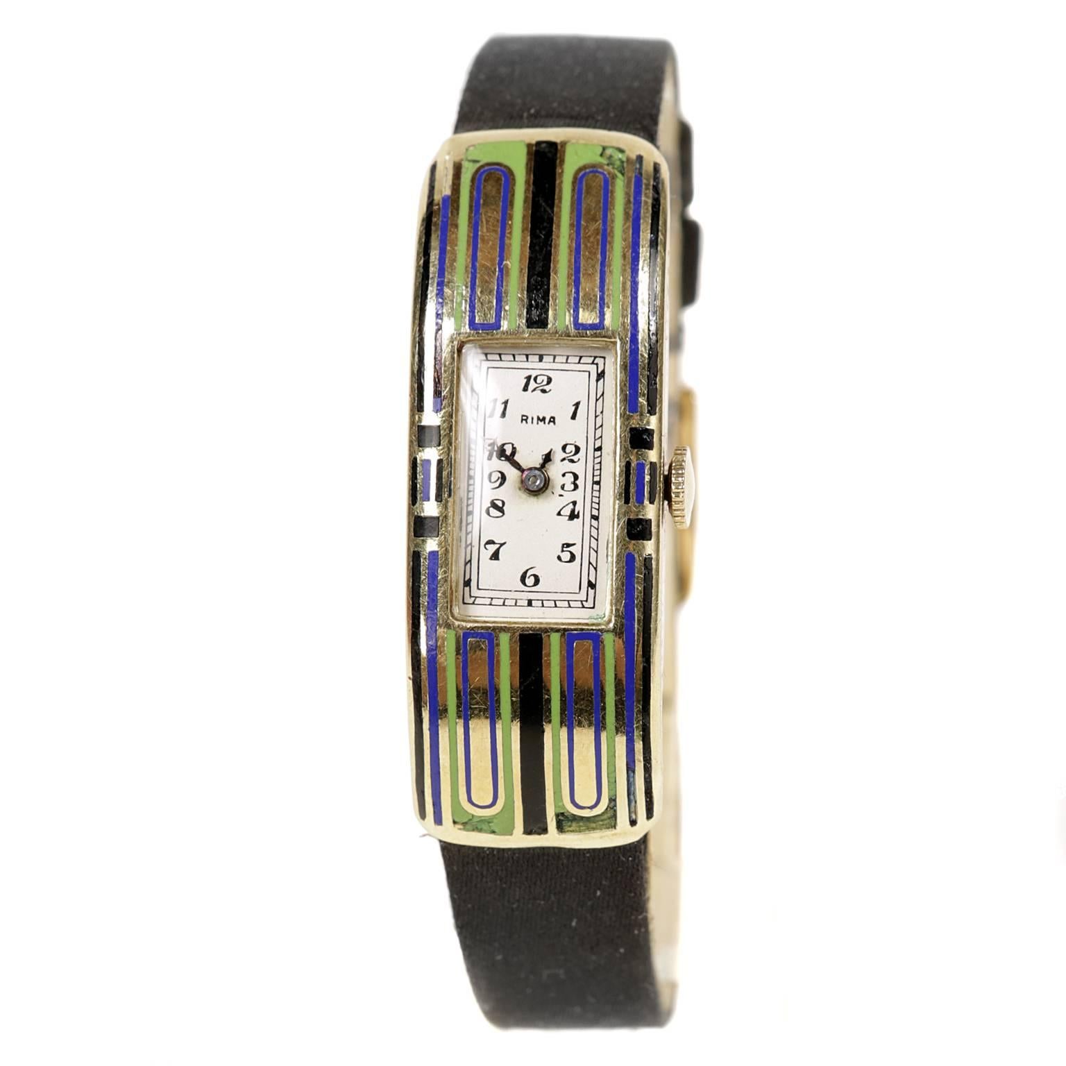 RIMA Art Deco Enamel and 14K Watch For Sale