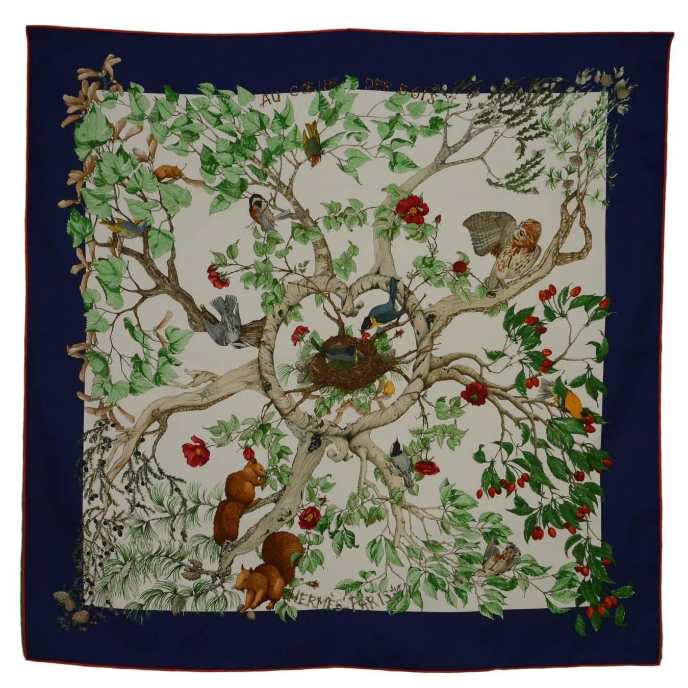 Hermes Blue Multi-Colored ' Au Coeur Des Bois' Silk 90cm Silk Scarf