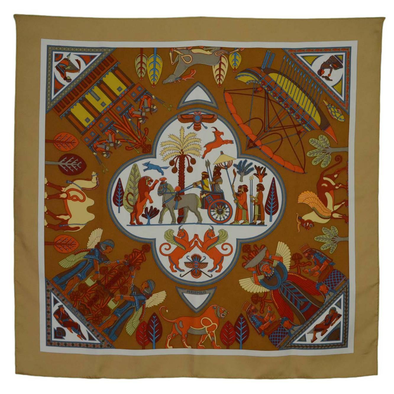 Hermes Tan Multi-Colored 'Persepolis' Egyptian Printed Silk 90cm Scarf