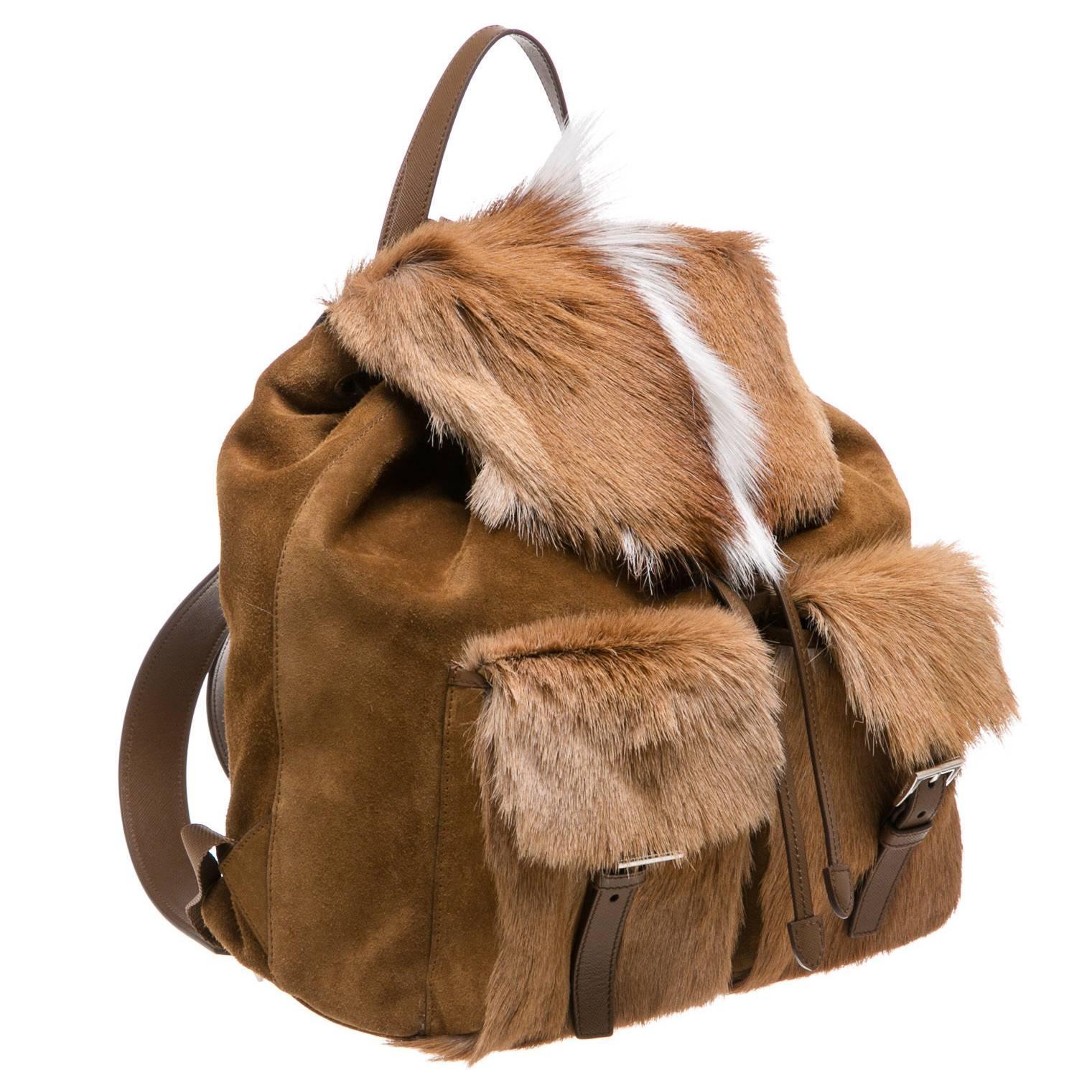 Prada Brown and White Suede and Springbok Fur Backpack  For Sale