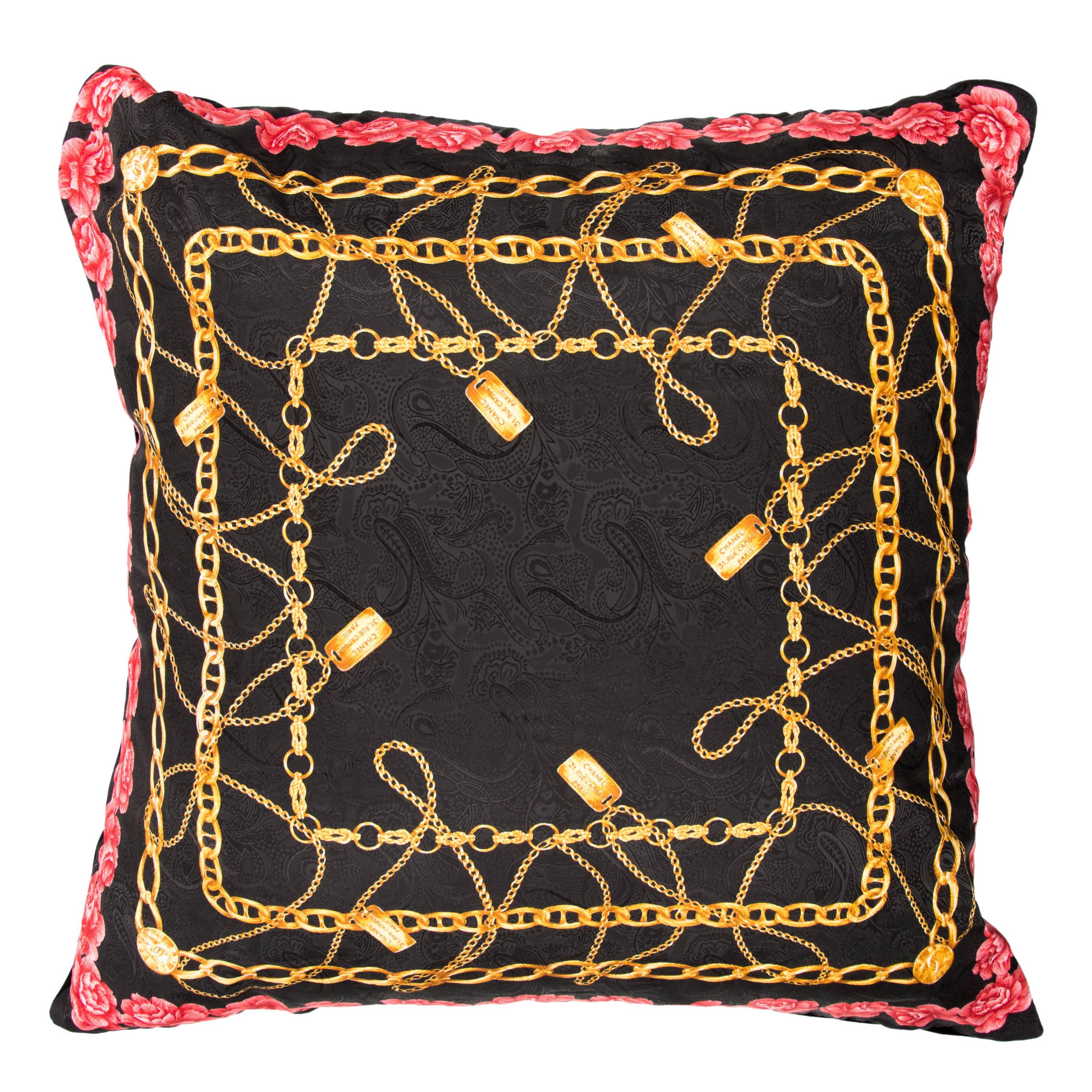 Chanel 31 Rue Cambon Black Gold Red Floral Chain Scarf Velvet Throw Pillow