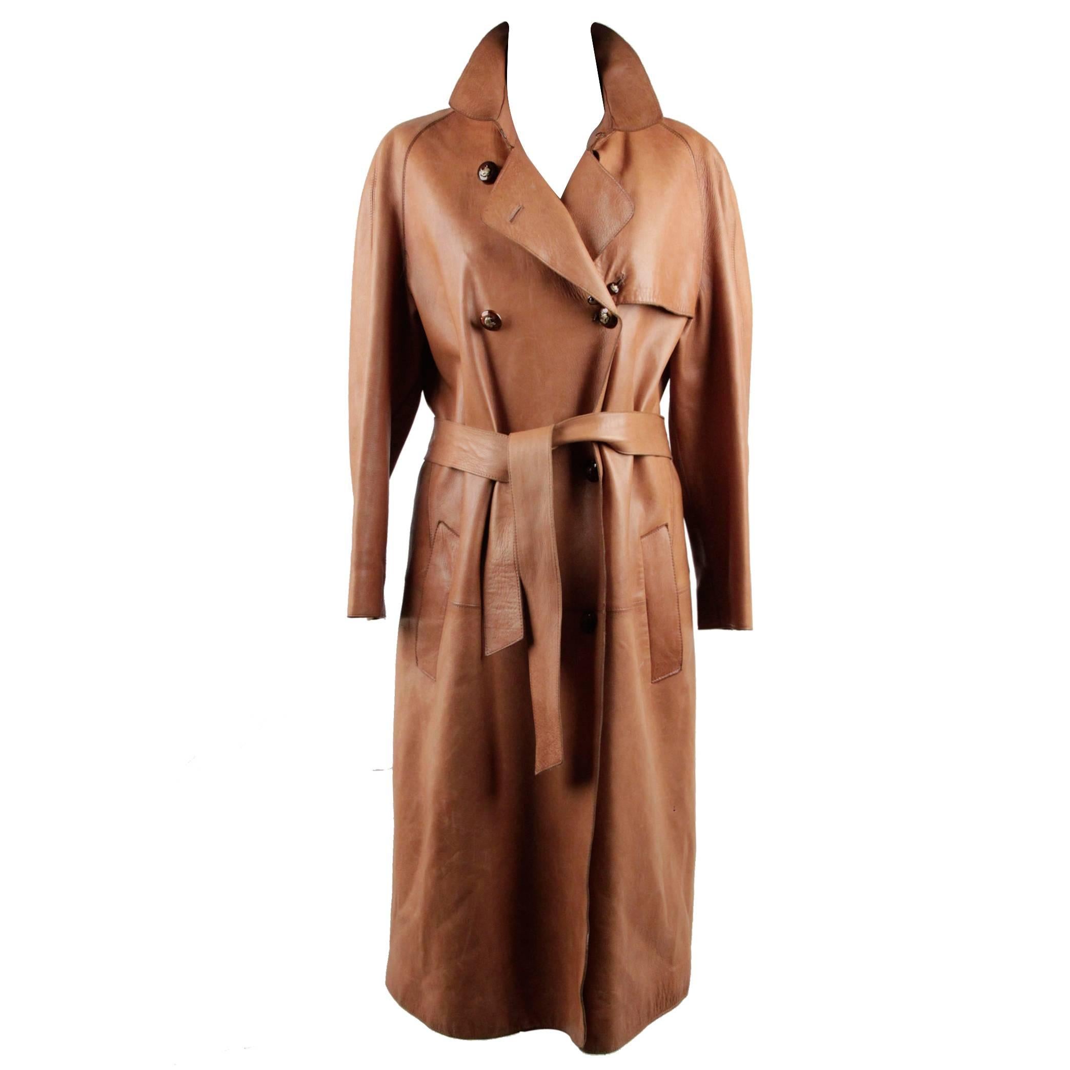 BURBERRY PRORSUM Tan Leather TRENCH COAT Double Breasted w/ BELT Size 44