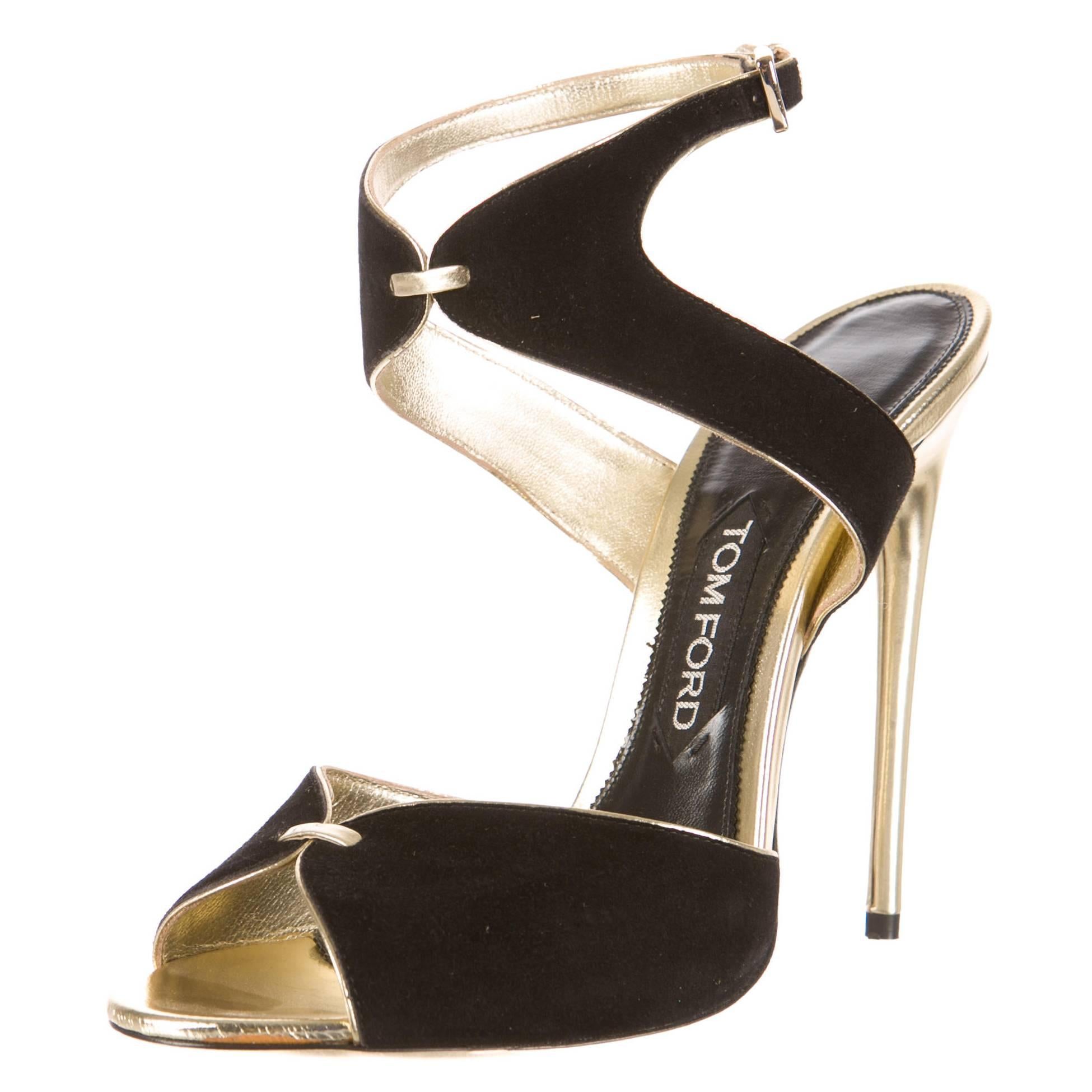 Tom Ford NEW Black Suede Gold Leather Trim High Heels Strappy Stiletto Sandals