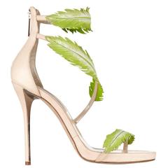 Oscar de la Renta NEW Nude Leather Green Floral Leaf High Heels Sandals in Box
