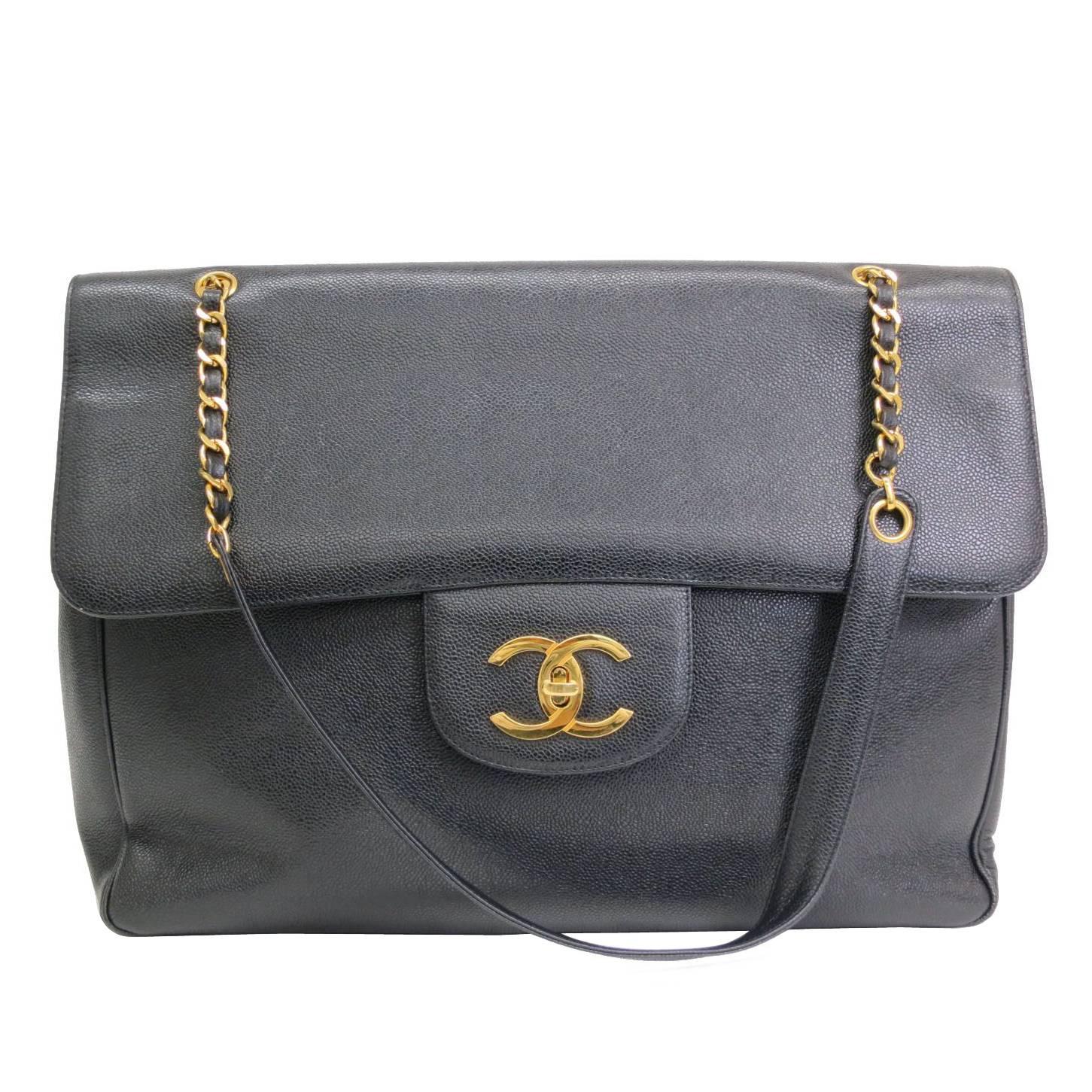 Chanel RARE Black Caviar Supermodel Overnight XL Weekender Shoulder Tote Bag