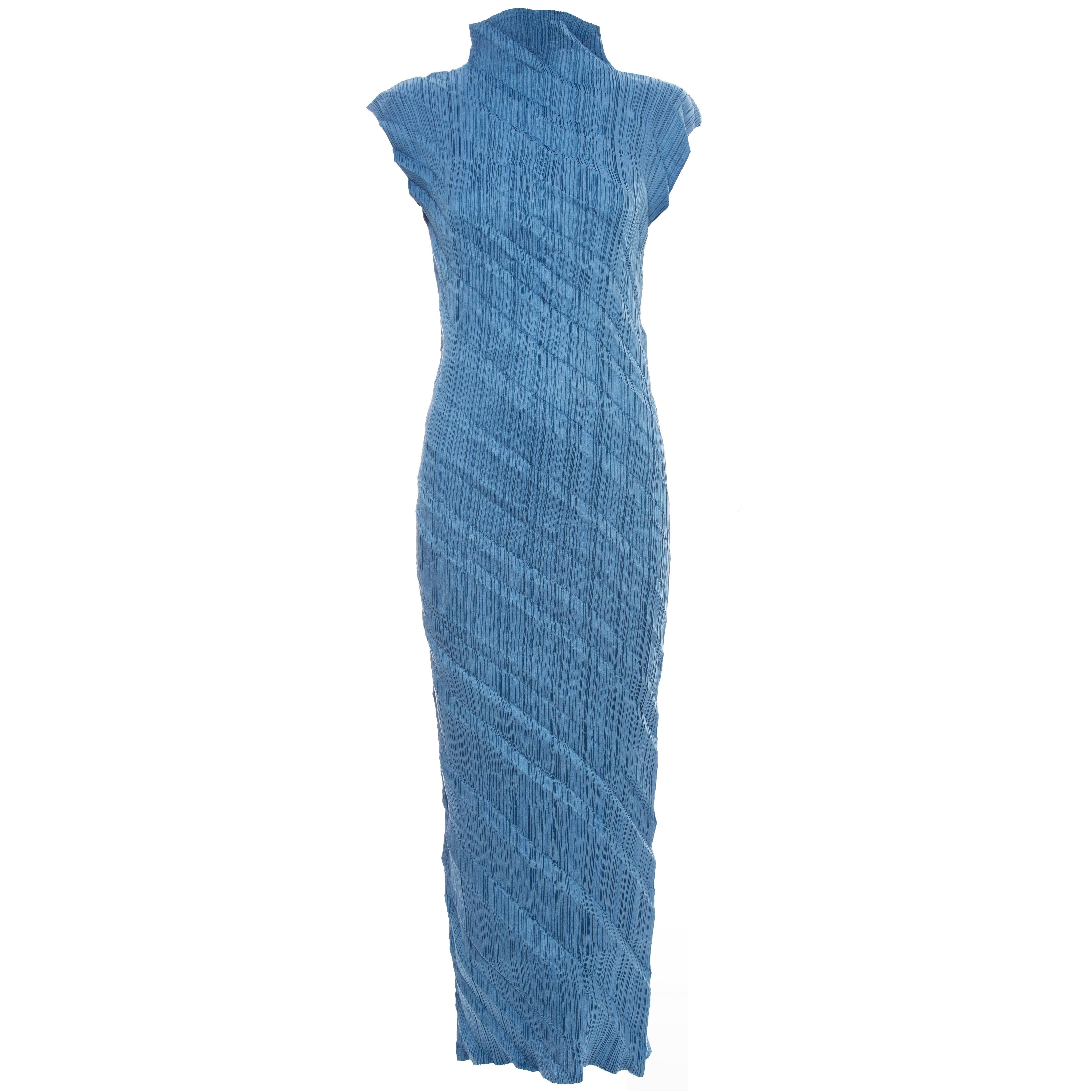 Issey Miyake Blue Pleated Sleeveless Sheath Dress, Spring 1995