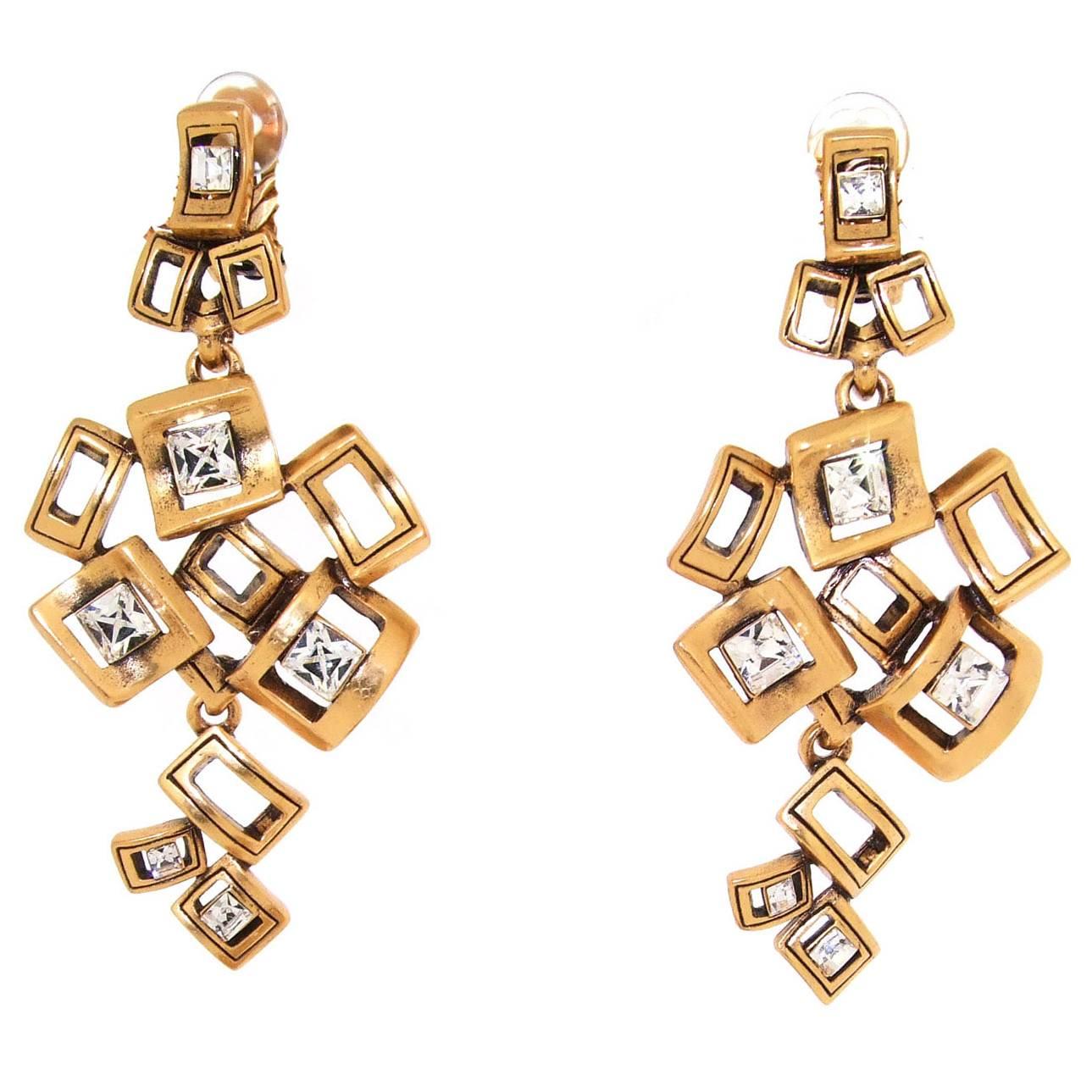 Oscar De La Renta Chandelier Crystal Gold Earrings For Sale