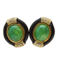 1960's Ciner Black Enamel and Green Clip-on Earrings