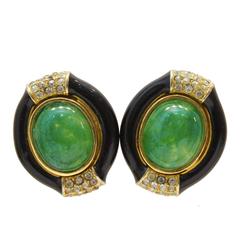 1960's Ciner Black Enamel and Green Clip-on Earrings 2