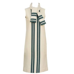 1960
s Italian Knit Cream and Green Dress with Matching Scarf