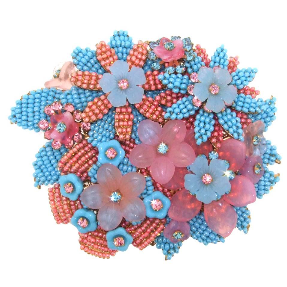 Vintage Brooch by Stanley Hagler NYC Pink and Blue Beaded For Sale