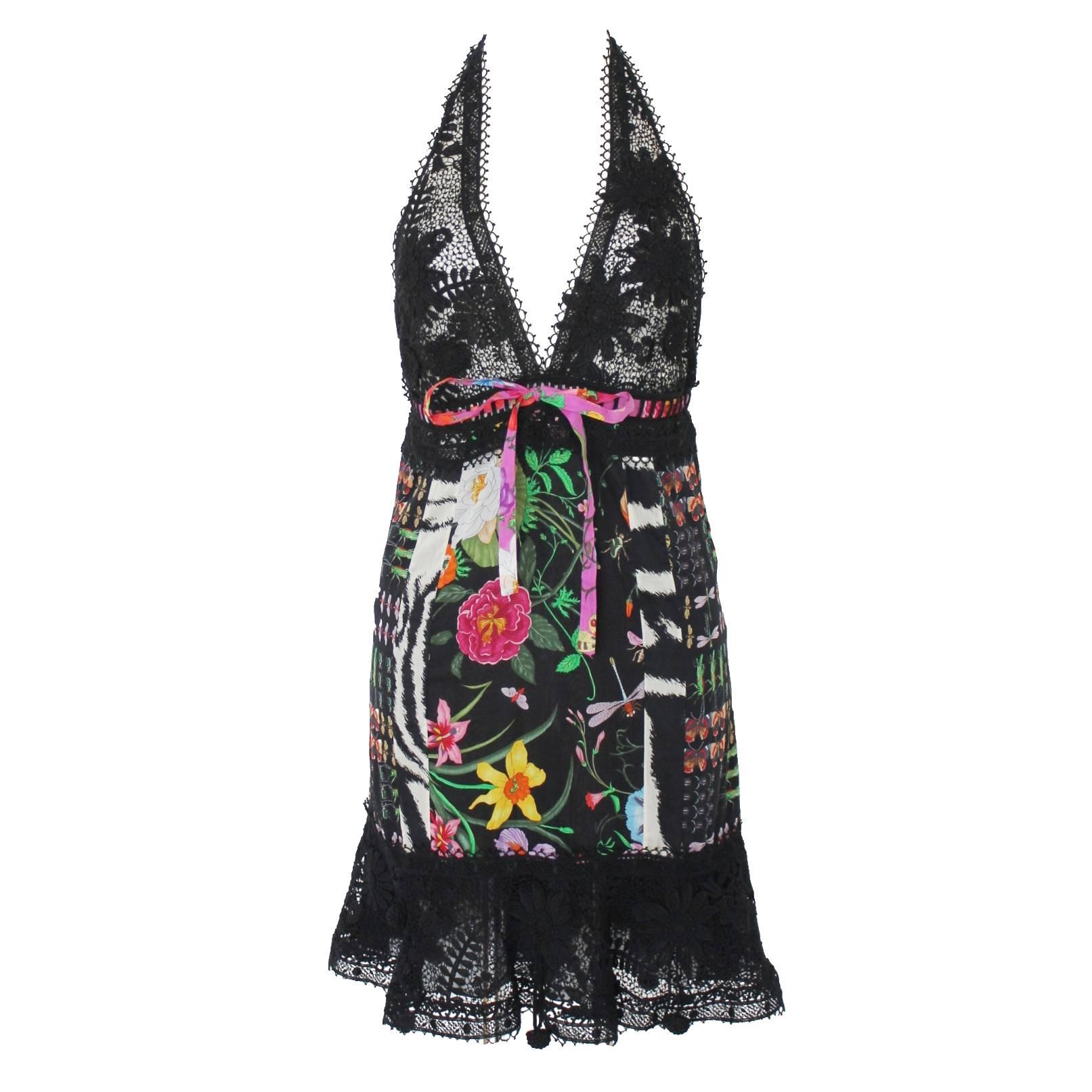 Famous Gucci Flora Print Floral Crochet Knit Macrame Dress