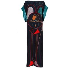 1970's Bob Mackie Black Silk Gown w/Beaded Mouse Design