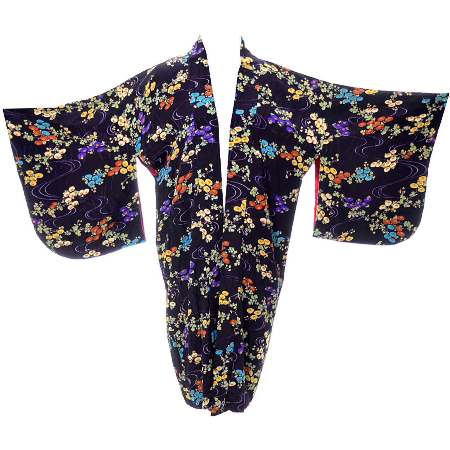 1930's Vintage Silk Kimono Jacket Robe Japanese Floral Red Silk Lining