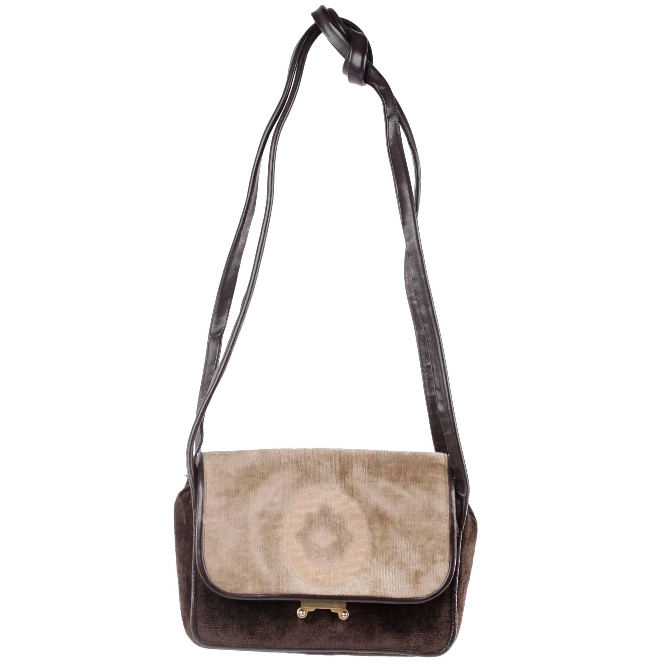 ROBERTA DI CAMERINO VINTAGE Brown & Beige Velvet SHOULDER BAG Handbag