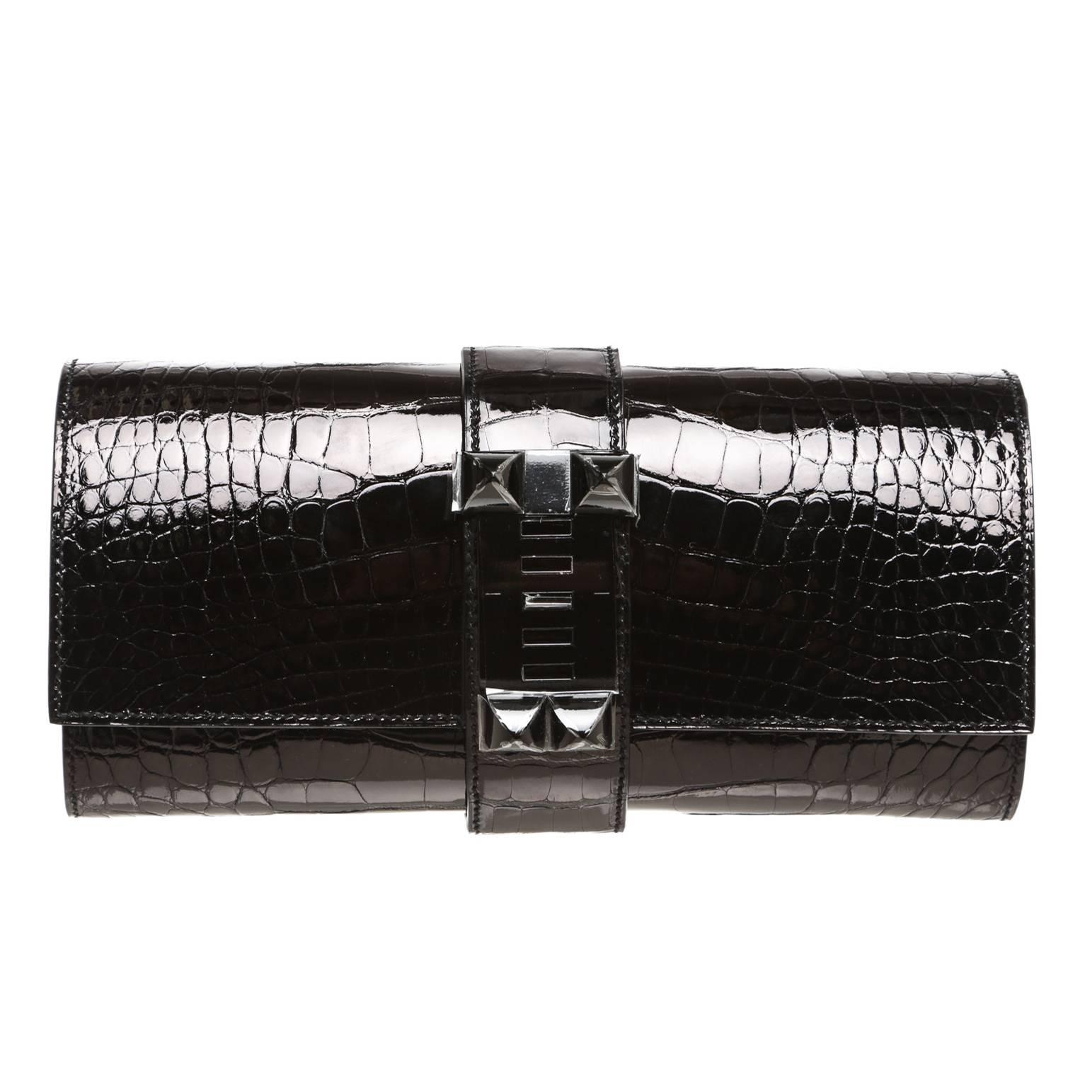 Hermes Black Alligator Medor 23cm Clutch Handbag For Sale