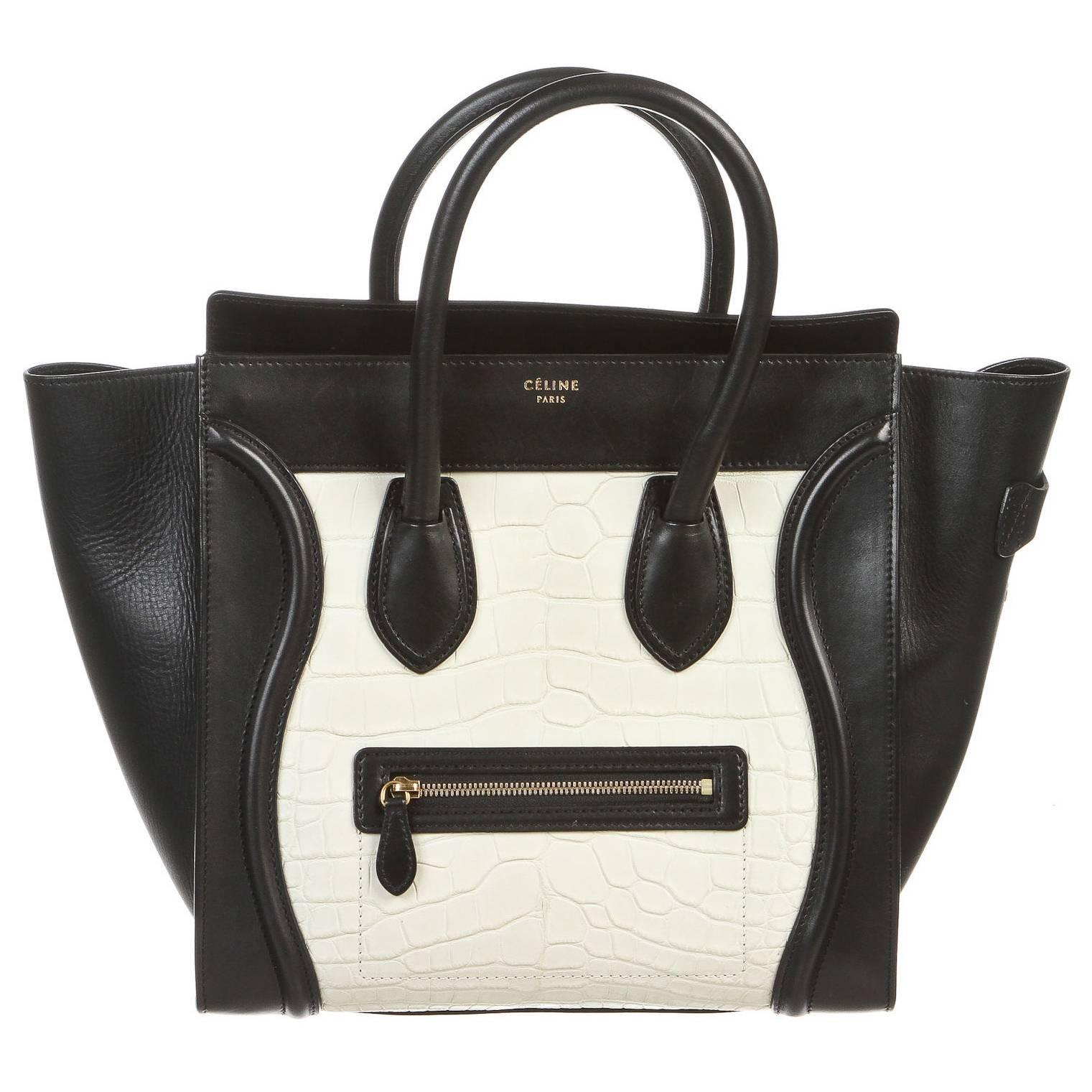 Celine Black Leather and White Crocodile Medium Luggage Tote Handbag For Sale