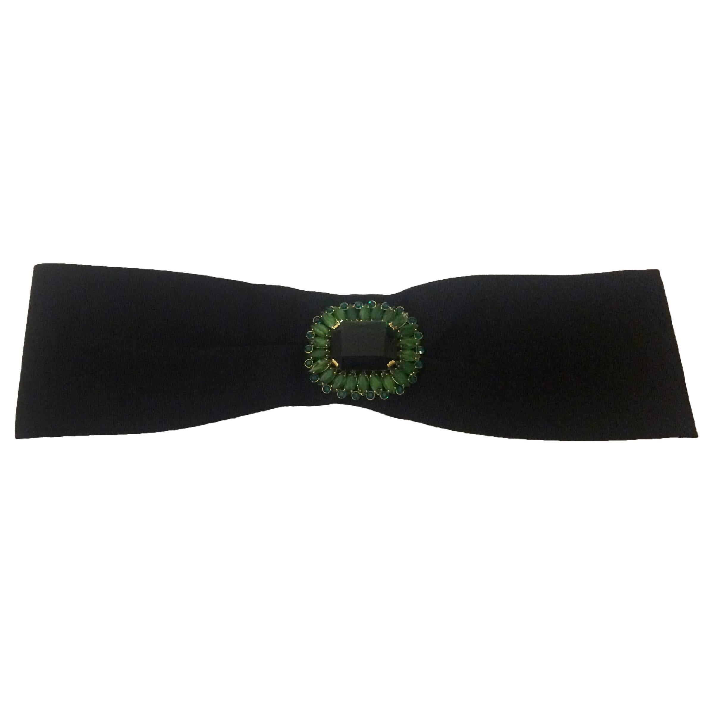 Dolce & Gabbana Wide Black Grosgrain Waist Belt Crystal Brooch Embellishment