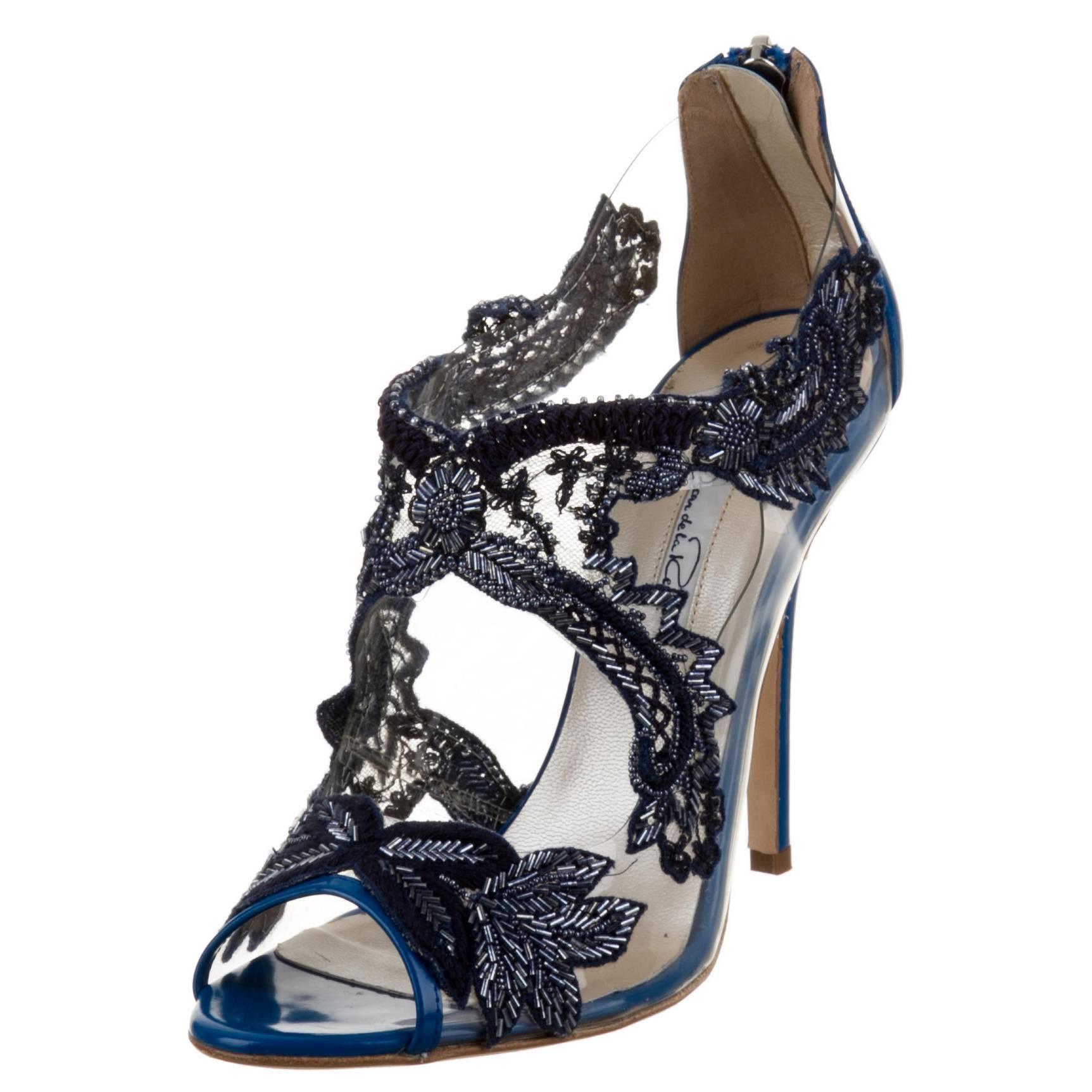 Oscar de la Renta NEW Blue Black Floral Beaded Flower Sandals High Heels in Box