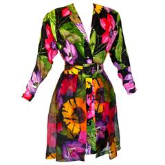 Adele Simpson Silk Dress with Belt Colorful Floral Print Flare Skirt Size 8 1980