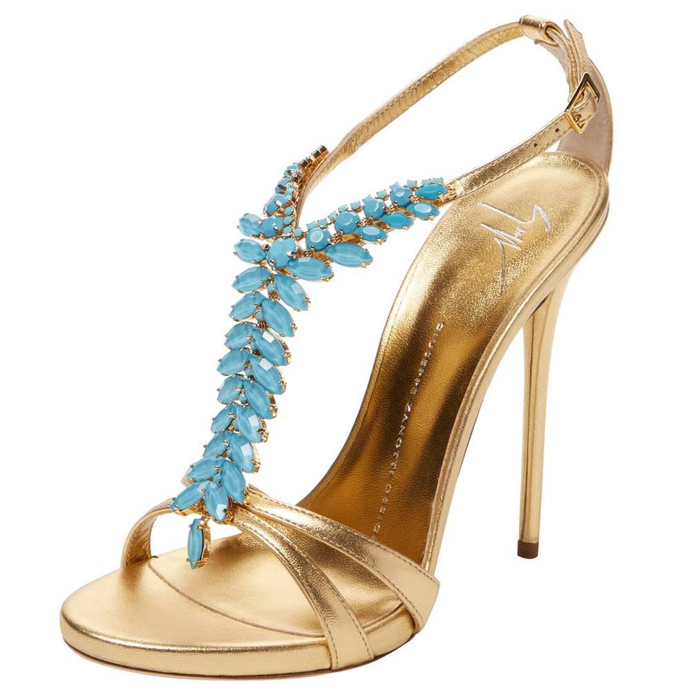 Giuseppe Zanotti NEW Gold Leather Turqoise Bead High Heels Ankle Sandals in Box