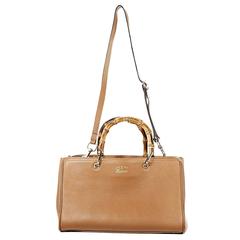 Tan Gucci Pebbled Leather Bamboo-Handle Satchel