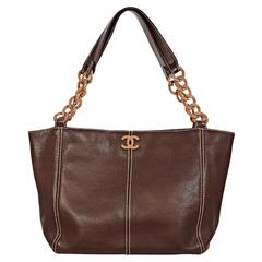 Brown Chanel Leather Wooden-Chain Tote Bag
