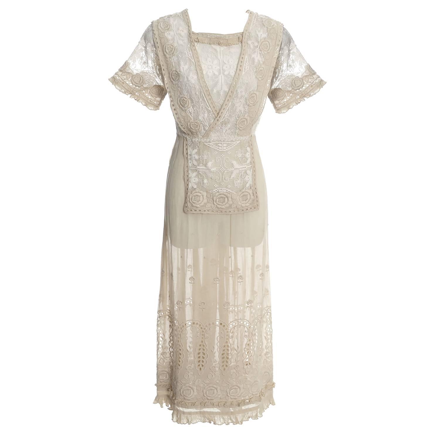Edwardian Lace Embroidered Fine Vintage Dress or Wedding Dress For Sale at 1stdibs