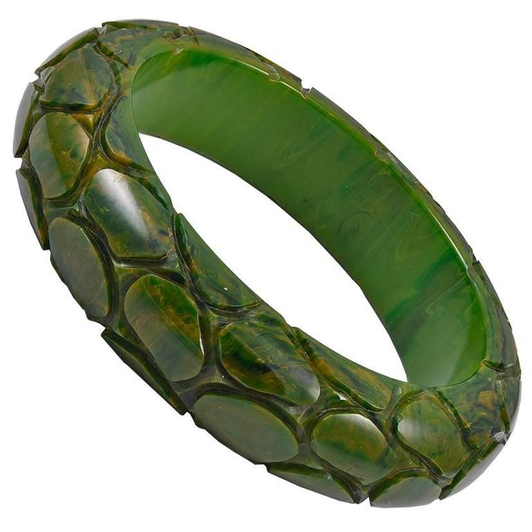 Rare Carved Alligator Print Bakelite Bangle For Sale