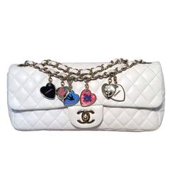 Chanel White Leather Heart Charms Classic Flap Shoulder Bag