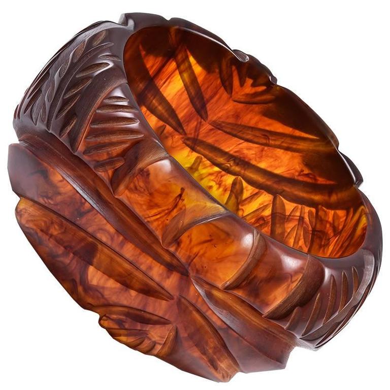 Fabulous Wide Carved Bakelite Tortoise Shell Bangle For Sale