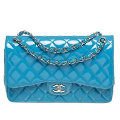 Chanel Blue Quilted Patent Leather Jumbo Flap Shoulder Handbag