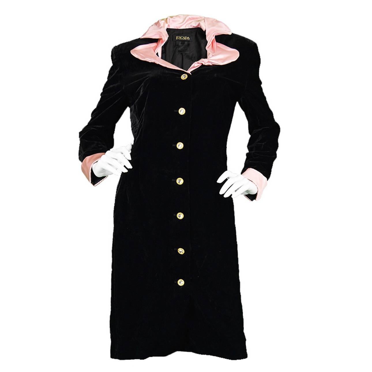 1980s Escada Black Velvet Coat Dress with Pink Silk Satin Architectural Collar For Sale