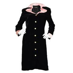 1980s Escada Black Velvet Coat Dress with Pink Silk Satin Architectural Collar