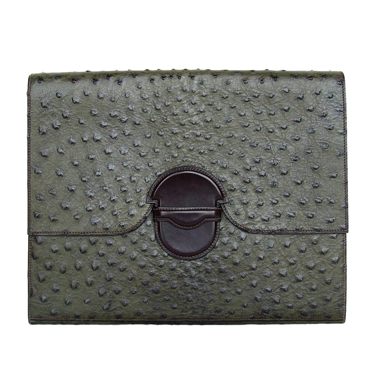 Hermes Briefcase Attache Clutch Pochette Olive Green Ostrich RARE