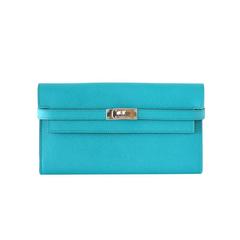 Hermes Kelly Long Wallet / Clutch Fresh Blue Paon Epsom Leather palladium