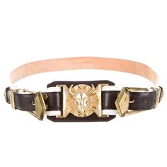 Balmain White Black Leather Gold Brass Horn Head Waist Belt