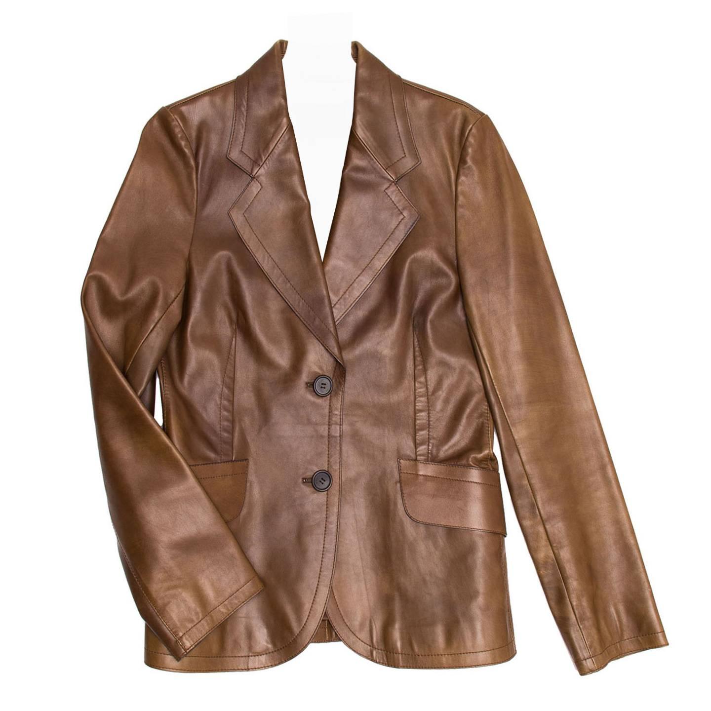 Prada Brown Semi-Distressed Leather Blazer For Sale